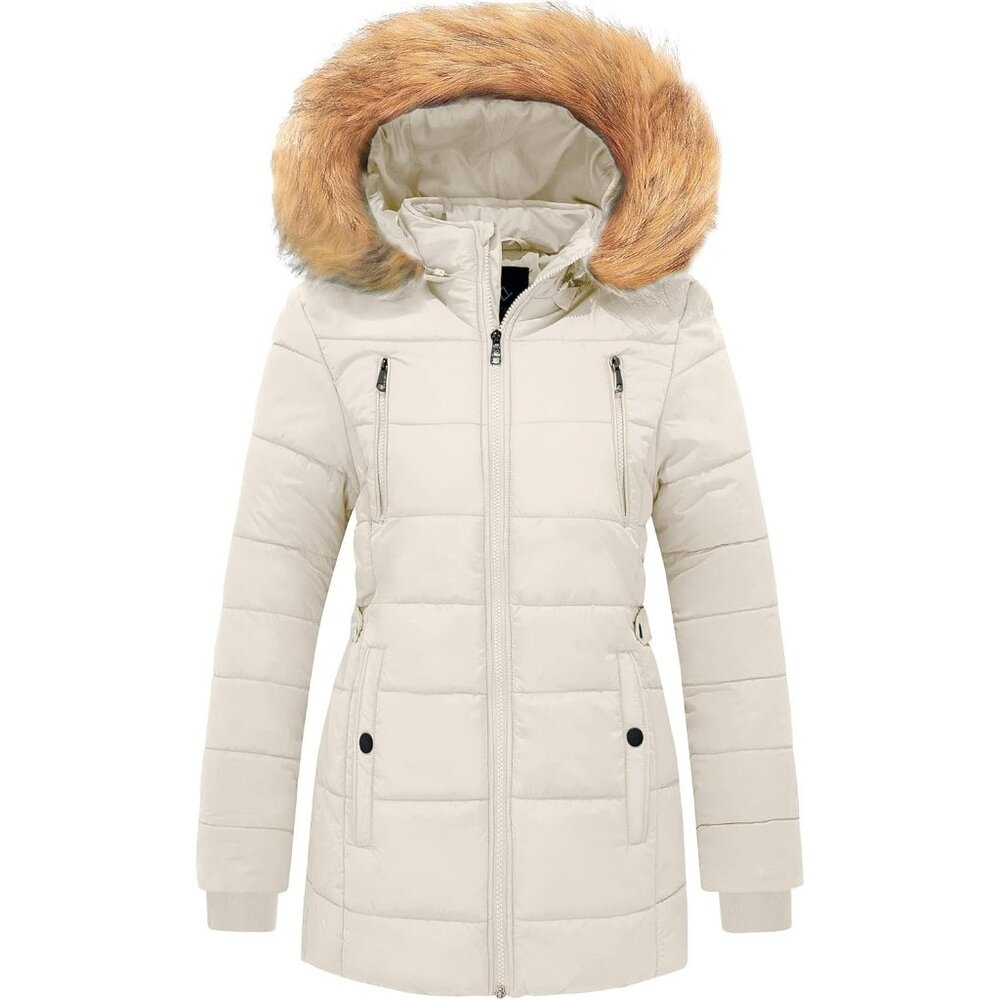 Women's Thicken Beige Quilted Puffer Jacket Coat Winter Warm Removable Hood
